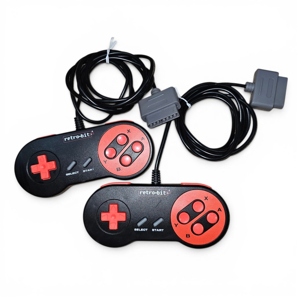 SNES Controllers Retro-Bit Set of 2 Black Red Excellent Wired 16-Bit Gamepads